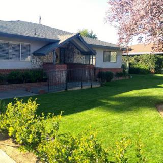 A charming residential house with a well-maintained lawn and garden.