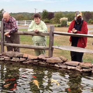 A group of people enjoying a peaceful moment by a koi fish pond.