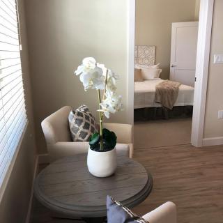 A cozy living area with a view into the bedroom, featuring elegant decor and a potted orchid.