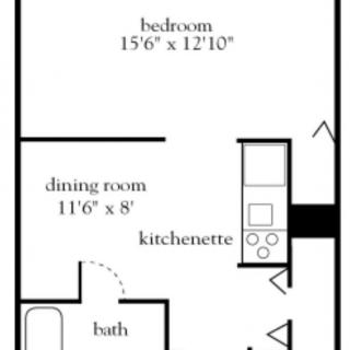 A simple floor plan of an apartment featuring a bedroom, dining room, kitchenette, and bathroom.