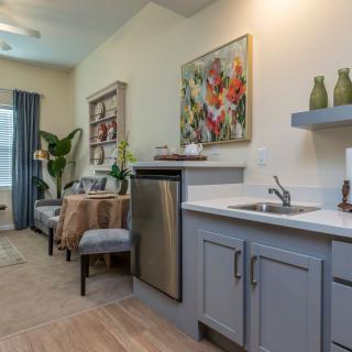 A modern kitchen area with elegant decor, featuring a small sink, stainless steel appliances, and colorful artwork.