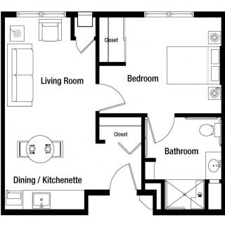 A simple floor plan of a one-bedroom apartment featuring a living room, kitchenette with dining area, bathroom, and closets.