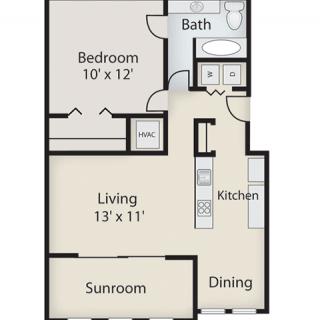 This is a floor plan of a one-bedroom apartment featuring a living room, kitchen, dining area, bathroom, and sunroom.