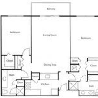 Floor plan of a two-bedroom apartment with a kitchen and balcony.