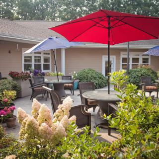 A cozy outdoor patio with tables and colorful umbrellas, surrounded by lush green plants and blooming flowers.