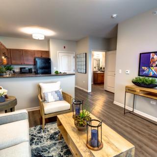 Modern open-plan living room with kitchen, featuring stylish furniture and decor.