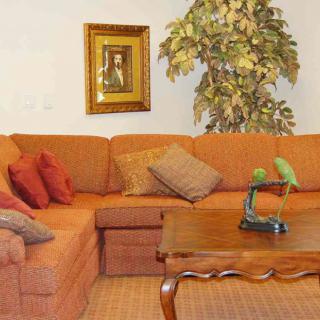 A cozy living room with a sectional sofa, decorative pillows, a coffee table, and artwork on the wall.
