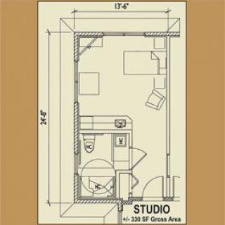 Floor plan of a compact studio apartment with designated living and bathroom areas.