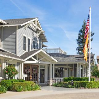 A charming house with an American flag on a sunny day.