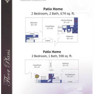 Floor plans for patio homes featuring various bedroom and bath configurations.