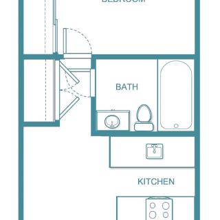 A floor plan of a small apartment featuring a bedroom, bathroom, and kitchen.