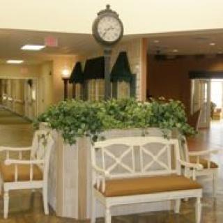 A welcoming interior space featuring benches, a clock, and decorative plants.