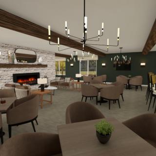 A modern and elegant dining area with a cozy fireplace and stylish seating.