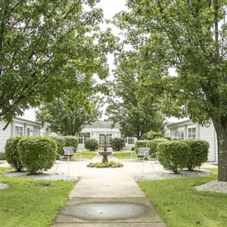 A serene outdoor garden with a central pathway, flanked by lush green trees and neatly trimmed bushes, leading to a decorative fountain.