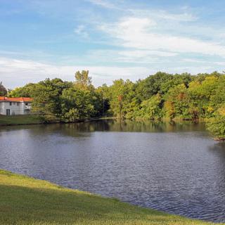 A serene lakeside scene with a building and trees under a blue sky.