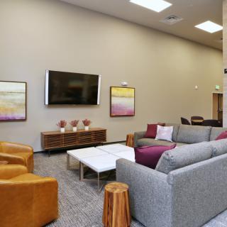 A modern living room featuring a large TV, comfortable sofas, and stylish artwork.