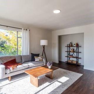 A bright and cozy living room with a modern sofa, wooden coffee table, and decorative shelving.