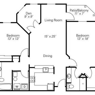 A detailed floor plan of an apartment with two bedrooms, a living room, kitchen, and patio.