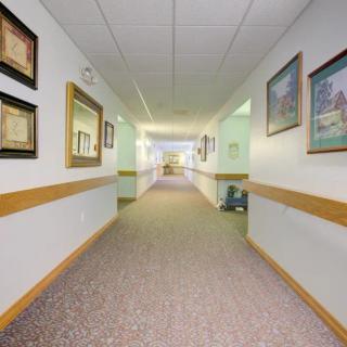 A well-lit interior hallway with carpet and framed paintings on the walls.