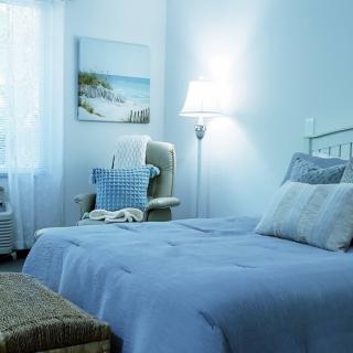 A cozy bedroom with a blue color scheme, featuring a comfortable bed, decorative pillows, an armchair, and natural light streaming through the window.