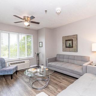 A modern living room with contemporary furnishings including a sofa, coffee table, and wall art, featuring a large window and ceiling fan.
