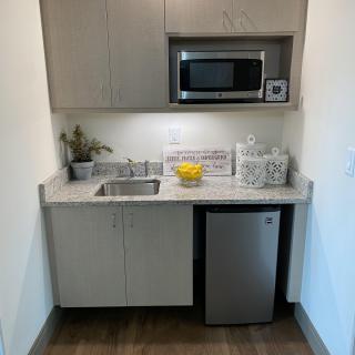 A compact kitchenette with a microwave, sink, and mini fridge.