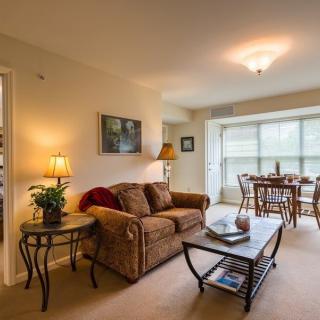Cozy living room with a sofa and coffee table, leading into a dining area with large windows.