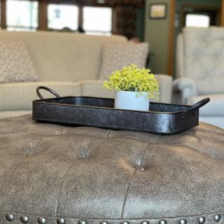 A stylish living room centerpiece featuring a decorative tray with a potted plant on a leather ottoman.