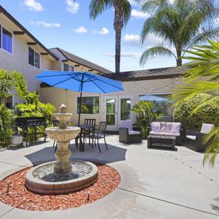 A sunny patio with a central fountain, surrounded by seating and lush palm trees.