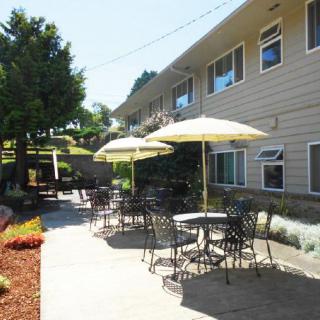 A sunny outdoor patio with tables, chairs, and umbrellas next to a building.