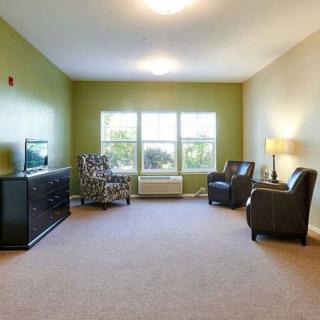 A modern living room with green walls, featuring a TV, chairs, and a large window.