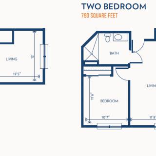 A floor plan layout of a two-bedroom apartment with room dimensions.