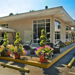 A bright, sunny day with a view of a building featuring large windows and a patio area adorned with colorful flowers.