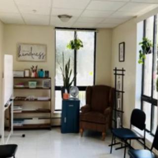 A bright waiting room with chairs, a bookshelf, and plants near large windows.