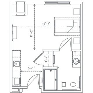 A floor plan illustrating the layout of a small apartment with one bedroom.