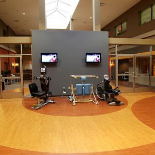 A modern fitness area featuring exercise equipment and televisions for entertainment.