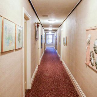 A well-lit hallway in a hotel, adorned with various pieces of artwork and featuring a red carpet.
