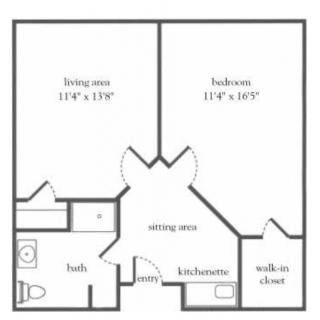 One-bedroom apartment floor plan with living area, kitchen, bathroom, and walk-in closet.