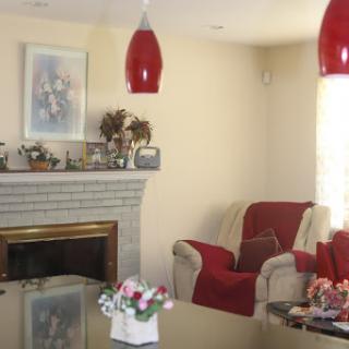 A cozy living room featuring a stylish fireplace and comfortable seating with red accents.