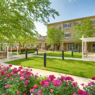 A beautifully landscaped outdoor area with vibrant flowers, lush green grass, and a modern building in the background.