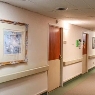 A clean hospital hallway with doors and framed paintings on the walls.