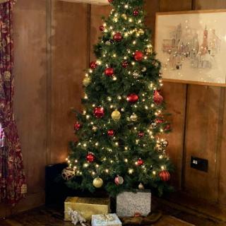 A beautifully decorated Christmas tree with lights and ornaments, surrounded by wrapped presents.