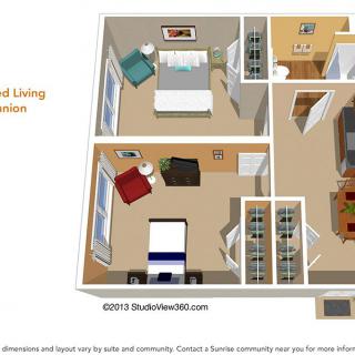 3D floor plan of a two-bedroom apartment with an open living space.