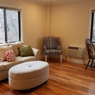 A cozy living room with wooden flooring, featuring a sofa, ottoman, chair, and small table near two windows.