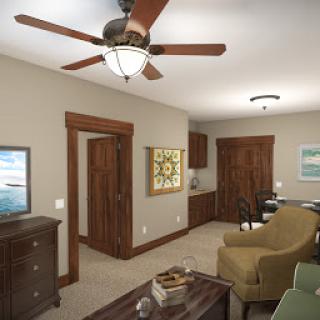 A beautifully designed living room featuring wood accents and modern furniture.
