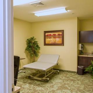 An examination room with a medical table, indoor plant, and artwork on the wall under fluorescent lights.