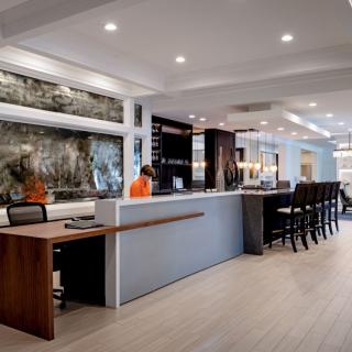 A modern and stylish reception area with contemporary design elements and seating options.