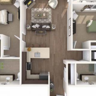 A detailed floor plan showing a modern apartment layout with two bedrooms, a kitchen, and a living area.