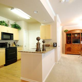 A modern open-plan kitchen and living area with wooden cabinets and a granite countertop.