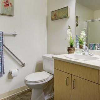 A well-organized bathroom with a toilet, sink, and mirror.